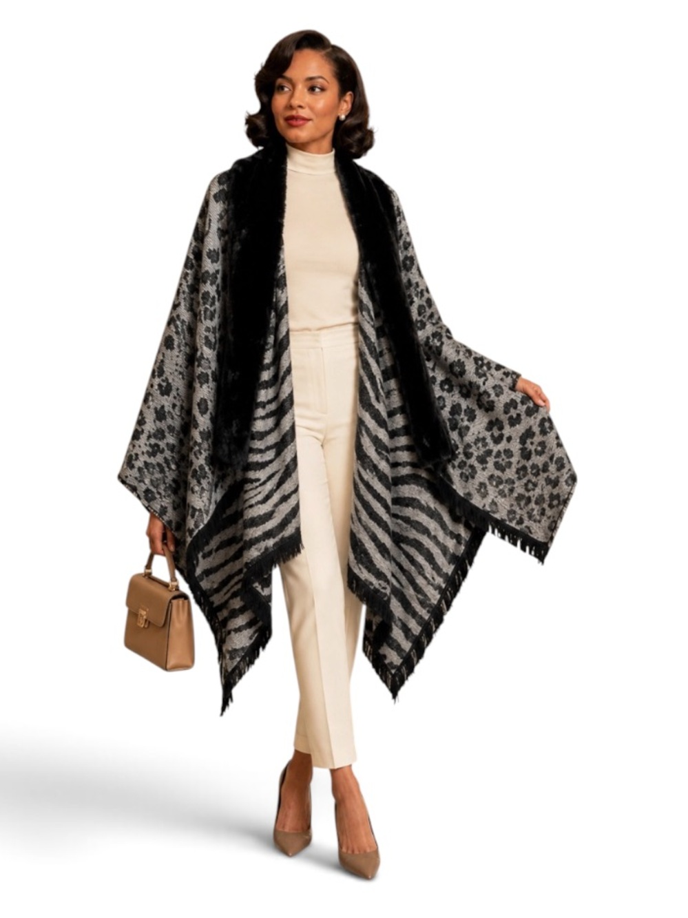 FAUX Fur Trim Open Front Vintage\Retro Inspired Pancho Cape Soft Warm One Size